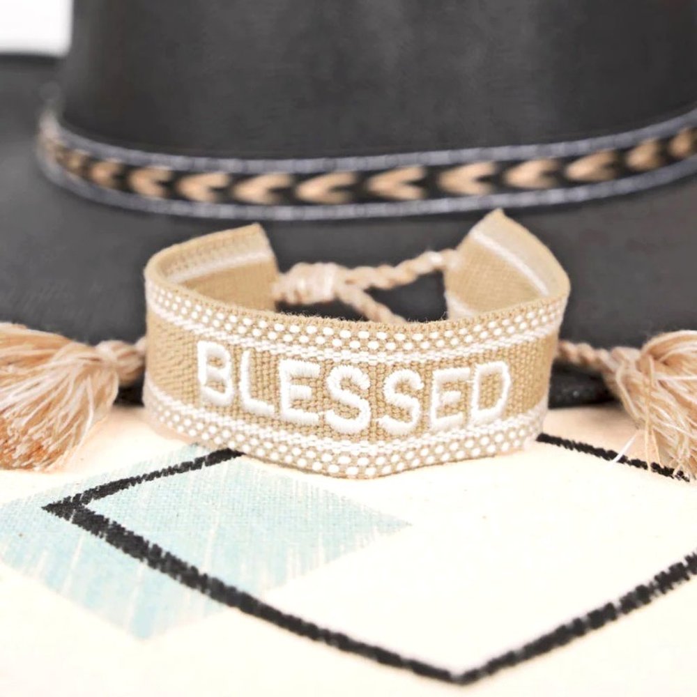 Bracelet. Natural Canvas. "Blessed". Embroidered. Tassels. NWT.